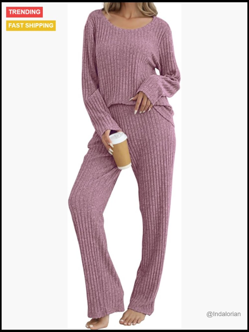 Ribbed Knit Pajama Set Long Sleeve 2 Piece Loungewear With Pockets